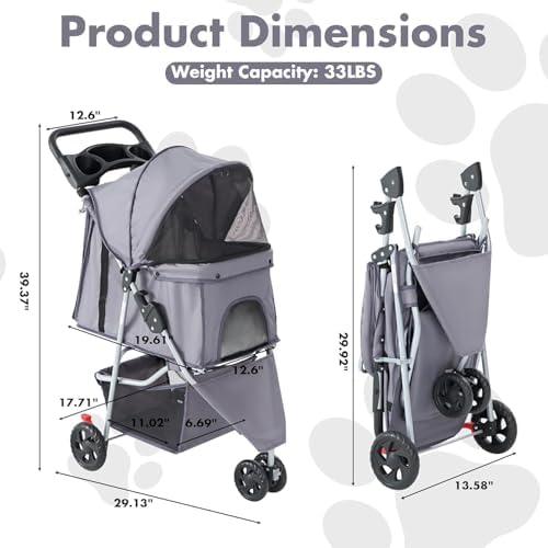 3 Wheels Pet Stroller,Storage Basket and Cup Holder, Breathable Mesh, Waterproof and Foldable for Small/Medium Dogs and Cats Strollers, Lightweight Travel Carrier for Daily Walks & Outdoor，Grey