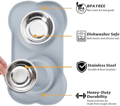 Hubulk Pet Dog Bowls 2 Stainless Steel Dog Bowl with No Spill Non-Skid Silicone Mat + Pet Food Scoop Water and Food Feeder Bowls for Feeding Small Medium Large Dogs Cats Puppies (Large, Gray)