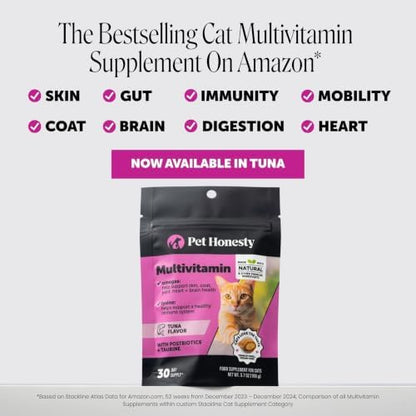 Cat Multivitamin Crunchy Creamy Chews - Daily Vitamins with Lysine, Prebiotics, Omega 3 Fish Oil - Cat Treats for Immune Support, Skin Coat, Digestion, Heart + Joint Health (Tuna, 30-Day Supply)