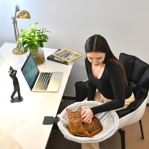 Round Cat Desk Bed, Space Saving Elevated Pet Hammock for 40lbs Cats, All-Season Office Workspace Cat Seat, Sturdy Desk Mounted Bed with Washable Breathable Fabric, 360 View Hammock