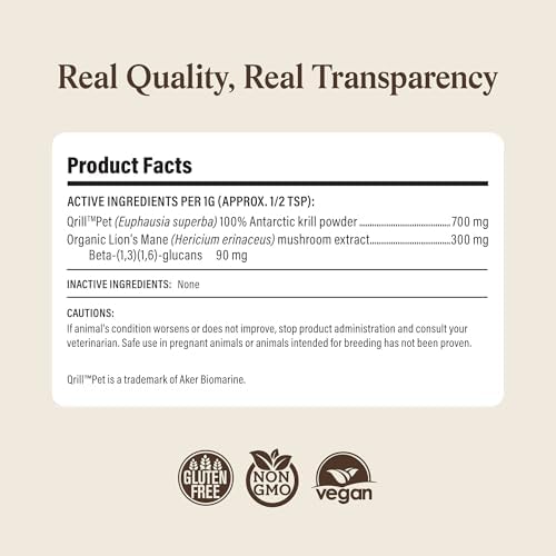 Real Mushrooms Lion’s Mane with Qrill Pet - Lion's Mane for Dogs and Cats with Krill Meal, Beta-Glucan Rich Mushroom Extracts for Immune, Digestion, and Brain Support for Puppies and Kittens, 75g