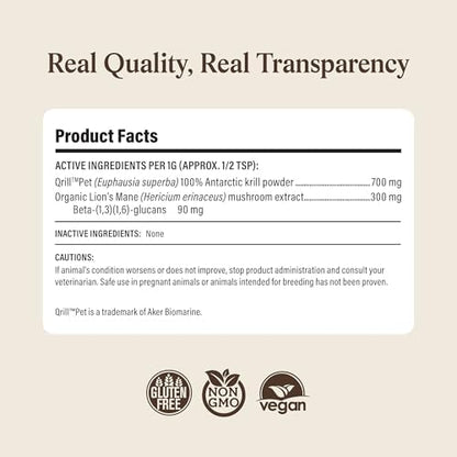 Real Mushrooms Lion’s Mane with Qrill Pet - Lion's Mane for Dogs and Cats with Krill Meal, Beta-Glucan Rich Mushroom Extracts for Immune, Digestion, and Brain Support for Puppies and Kittens, 75g