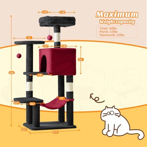 DUMOS Small 44 Inch Cat Tree Tower with Natural Sisal Scratching Posts