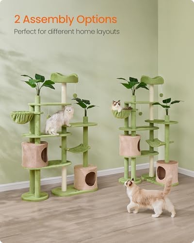 Feandrea Cat Tree, 68.1-Inch Multi-Level Plush Cat Tower, Artificial Leaves