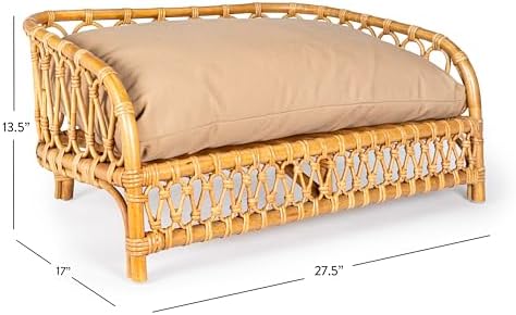 DBD1005A Elevated 27.5" x 17" Bohemian Handwoven Rattan Dog Daybed with Machine-Washable Cushion, Natural