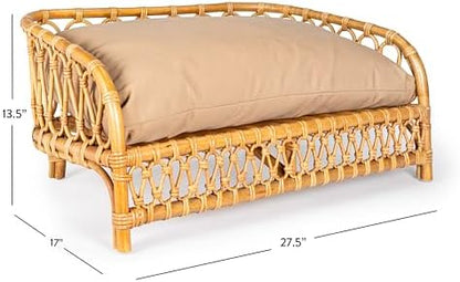 DBD1005A Elevated 27.5" x 17" Bohemian Handwoven Rattan Dog Daybed with Machine-Washable Cushion, Natural
