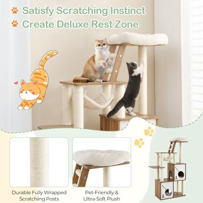 Tangkula Modern Cat Tree, 57 Inch Wood Cat Tower with Sisal Scratching Posts, Padded Top Perch, 2 Cat Condos, Hanging Hammock & Climbing Ladder, Multi-Layer Large Cat Tree Tower for Indoor Cats