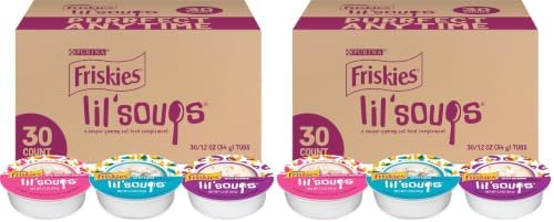 Friskies Purina Grain Free Wet Cat Food Lickable Cat Treats Variety Pack,Lil' Soups with Salmon,Tuna or Shrimp - 1.2 oz. Cups,(Pack of 60)