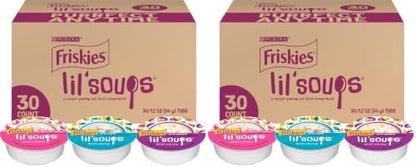 Friskies Purina Grain Free Wet Cat Food Lickable Cat Treats Variety Pack,Lil' Soups with Salmon,Tuna or Shrimp - 1.2 oz. Cups,(Pack of 60)