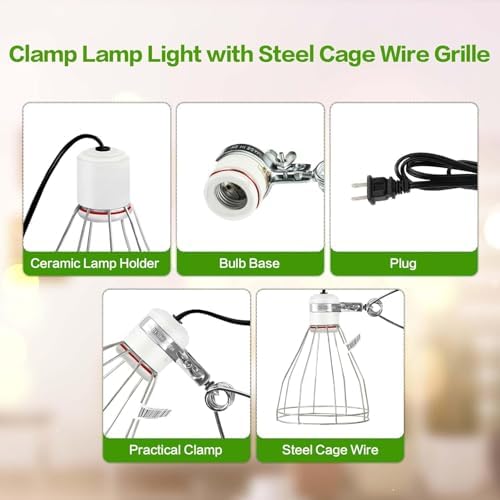 Simple Deluxe Clamp Lamp Light with Steel Cage Wire Grill Up to 250W E26 Socket (No Bulb Included), 6' Cord, 2 Pack