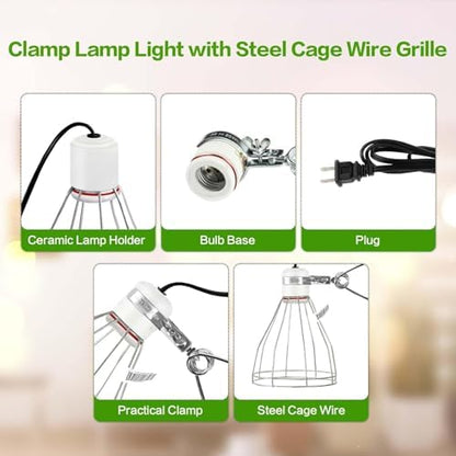 Simple Deluxe Clamp Lamp Light with Steel Cage Wire Grill Up to 250W E26 Socket (No Bulb Included), 6' Cord, 2 Pack