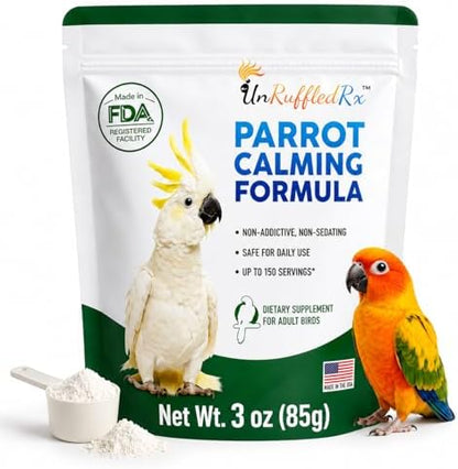 UnRuffledRx Parrot Calming Supplement, L-Theanine & GABA Powder for Fireworks & Travel, Parrots, Cockatiels & Parakeets, 3 oz