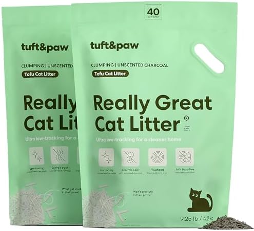 Tuft & Paw Really Great Cat Litter, Ultra Low Tracking Tofu Cat Litter, Clumping, Flushable, Odor Control, Dust-Free, Unscented - 9.25lbs x 2Bags (Charcoal)
