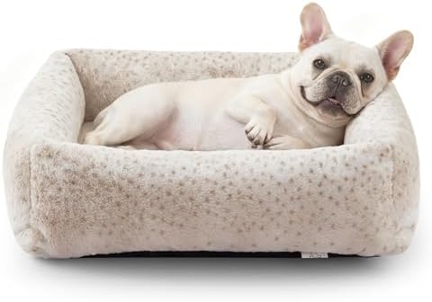 JOEJOY Dog Bed for Small Medium Dogs, Removable Washable Cover Orthopedic Soft Faux Rabbit Fur Pet Bed, Anti-Slip Fluffy Plush Puppy Bed, 25"x21"x7", Leopard Print, Beige