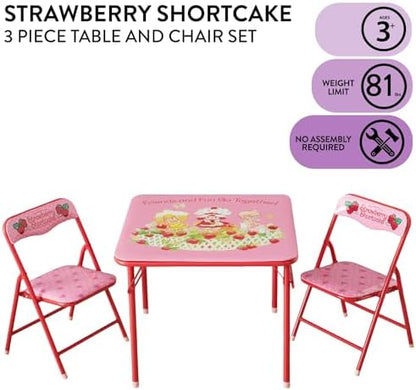 Idea Nuova 3-Piece Furniture Set with 1 Square Table & 2 Folding Chairs for Kids, Strawberry Shortcake