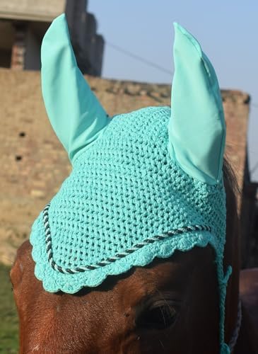 Elegant Horse Ear Bonnet, Fly Veil & Fly Mask – Superior Fly Protection with Style and Comfort for Every Ride (Mint Green, Horse/Full)