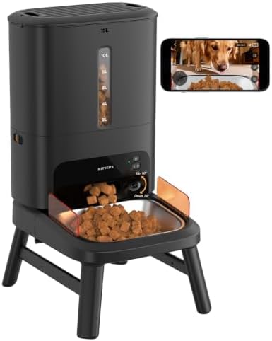 Automatic Dog Feeder for Large Breed with Camera - 15L/ 63 Cups Anti-Clog 5G WiFi Dog Food Dispenser for 2-23mm Kibble, Elevated Stand, Large Food Tray, 1080P HD Video with Night Vision, Keeps Fresh