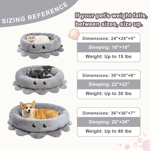 Jiupety Cute Calming Dog Beds Clearance for Large and Extra Dogs, Anxiety Bolster Dog Bed with Octopus Shape, Grey, XL, Boho, Round Pet Bed Cat with Removable Cushion