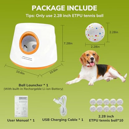 Automatic Dog Ball Launcher for Small/Medium Dogs - Small Silent Design, 3 Distance Settings (20ft/33ft/46ft), Rechargeable, 10 Durable 2.3" Balls Included (Dog Ball Launcher-Orange)