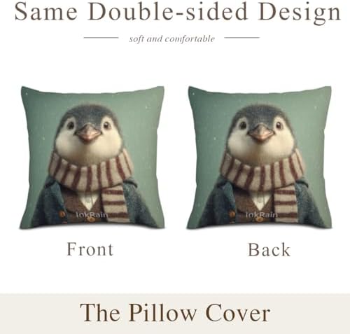 InkRain Winter Animal Cute Penguin Pillow Cover 28x28 Inch Set of 2 Home Decor Decorative Cotton Linen Illustration Pillowcases for Living Room House Sofa