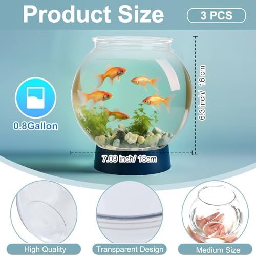 Mifoci 3 Pcs Fish Bowl Plastic Fish Tank Clear 100 oz Goldfish Bowl Multipurpose Round Desktop Aquarium Transparent for Home Office Goldfish Turtle Candy Party Favors, 7.09 x 6.3 Inch