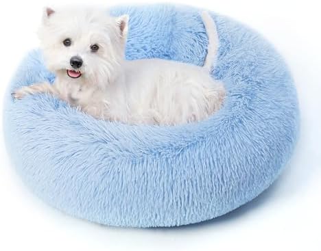 Calming Round Dog Bed & Cat Bed with Anti-Slip Bottom, Medium Size Washable Anti-Anxiety Donut Dog Beds for Small Dogs & Cats, Fluffy Plush Soft Dog Bed(24 Inch, Light Blue)