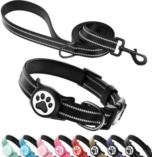 Airtag Dog Collar and Leash Set,Reflective Ultra-Durable Nylon Padded With QR Buckle & IP68 Waterproof Air Tag Holder Compatible for Apple AirTag, Comfortable for Small Medium Large Dogs (Black Set,M)