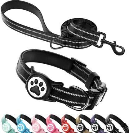 Airtag Dog Collar and Leash Set,Reflective Ultra-Durable Nylon Padded With QR Buckle & IP68 Waterproof Air Tag Holder Compatible for Apple AirTag, Comfortable for Small Medium Large Dogs (Black Set,M)