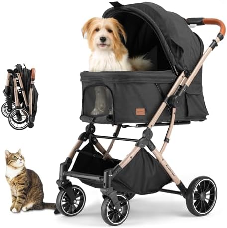 EchoSmile Small Medium Dogs Stroller 4-Wheel Pet Strollers for Medium Dogs Up to 50lbs, One Click Folding Large Cat Stroller, Reversible Handle, Shock Absorbing Wheels, Removable Washable Pad