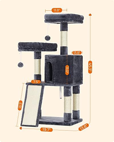 Feandrea Cat Tree, 45.3-Inch Cute Cat Tower, Plush Climbing Condo, Gray