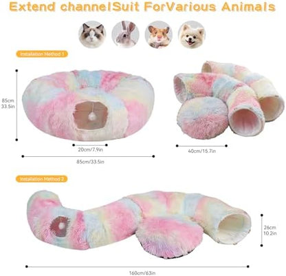Cat Tunnel with Cat Bed for Indoor Cats, Under Christmas Tree Soft Plush Peekaboo Cat Cave Donut Tunnel, Multifunctional Playground Toys Hideplace for Kittens, Rabbit, Ferret
