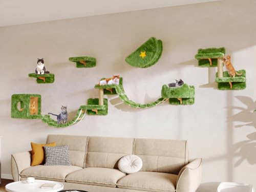 13-in-1 Cat Wall Shelves, Moon & Bridge Cat Wall Furniture, Green