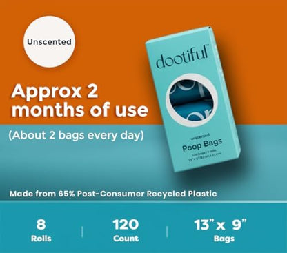 Dog Poop Bags - 120 Unscented Waste Bag, 65% Recycled Materials, Tear Resistant Pet Bags for Poop - 8 Rolls 100% Leak Proof - Extra Thick, Eco-Friendly Doggie Poo Bags for Hassle-Free Cleanup, Outdoor
