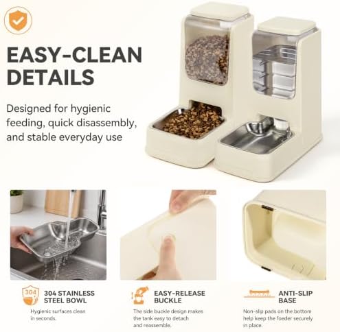 2 Pack Automatic Cat Feeder Stainless Steel Gravity Food and Water Dispenser for Small Medium Kitten Puppy Pets (Cream)