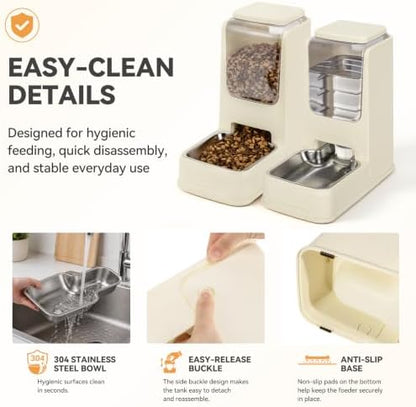 2 Pack Automatic Cat Feeder Stainless Steel Gravity Food and Water Dispenser for Small Medium Kitten Puppy Pets (Cream)
