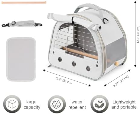 Bird Travel Carrier Cage, with Stainless Steel Metal Window and Wood Perch, Portable Bag for Cockatiel Parakeet Conure Green Cheek Budgie (Grey, Steel Window)