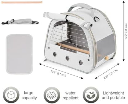 Bird Travel Carrier Cage, with Stainless Steel Metal Window and Wood Perch, Portable Bag for Cockatiel Parakeet Conure Green Cheek Budgie (Grey, Steel Window)