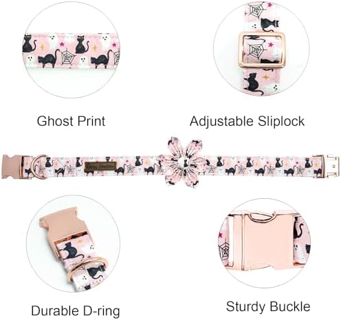 Dog Collar Halloween Fall Cat Ghost Print Pet Collar Soft Cute Dog Collars with Flower Adjustable Metal Buckle Collar for X-Large Dogs