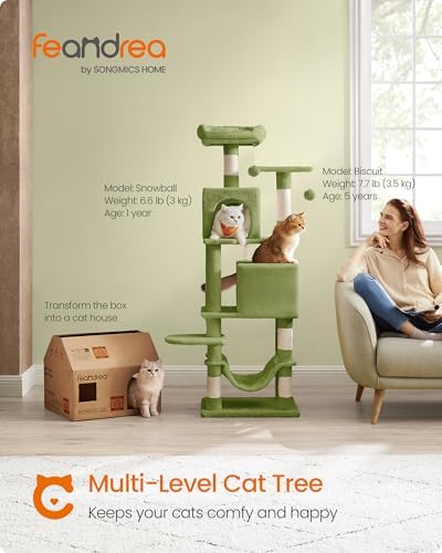 Feandrea Cat Tree, 59.5-Inch Tall Cat Tower, Multi-Level Condo, Grass Green
