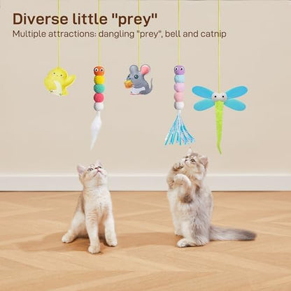 Potaroma Interactive Cat Feather Toys 5 Pcs, Cat Teaser Retractable Hanging Indoor Kitten Play Chase Exercise, Mental Physical Stimulation for All Breeds and Species (Pack of 2)
