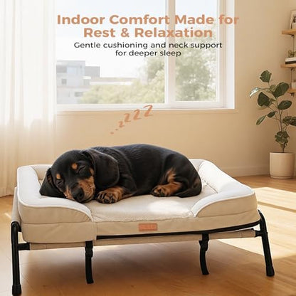 Lekereise Raised Dog Bed for Small Dog 32x25 Inch, Orthopedic Pet Beds with Waterproof Egg Crate Foam, Removable Dogs Couch Bed for Indoor Outdoor, 2-in-1 Design, Load 40lb, Beige