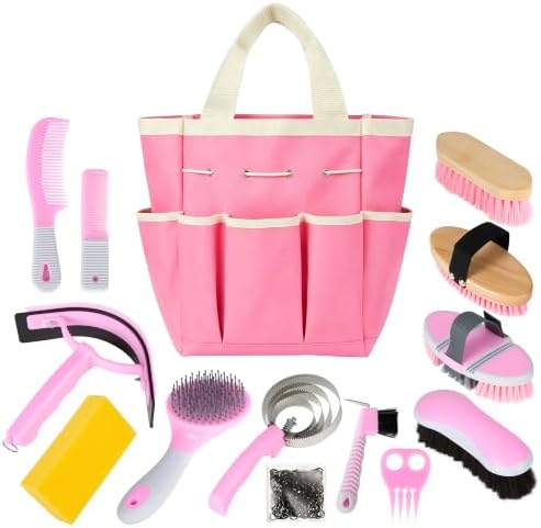 Horse Grooming Kit, 14-in-1 Professional Horse Brush Supplies Set for Grooming & Care, with Horse Brushes, Curry Comb, Hoof Pick & Waterproof Storage Tote Bag for Shining, Detangling, Massaging(Pink)