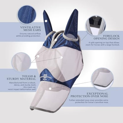 Harrison Howard Full Face Horse Fly Mask UV Protection and Breathable for Equine Use Comfortable Navy M