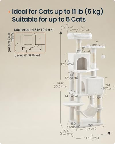SONGMICS HOME Cat Tree for Indoor Cats, Multi-Level Cat Tower with Sisal Scratching Posts, Hammock and Condo, White