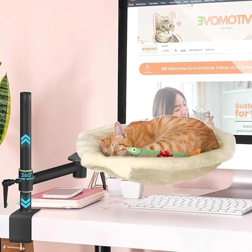 Deskside Dreamer - Cat Desk Perch, [+ Catnip Fish Toy], Comes with [2 Washable Fabrics]: Mesh and Plush, 360° Rotating & Height Adjustable [Beige]. Max Weight 35LBS
