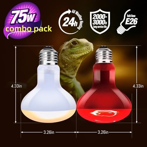 Leoterra 75w Heat Lamp Bulbs Day and Night Heat Lamp Bulbs Combo Pack, Dimmable Heat lamp for Reptiles, E26 Base,Easy to Install,Long-Lasting Reptile Heating Bulb