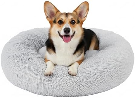 Soft Round Dog & Cat Bed, Anti-Anxiety Donut Cuddler with Anti-Slip Bottom Cozy Fluffy Pet Bed for Medium Large Dogs and Cats, 30inch, Grey