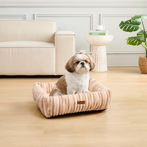 Modern Threads Ribbed Plush Two-Tone Cuddler Dog Bed, Ultra-Soft Faux Rabbit Fur, Supportive Bolstered Sides, Removable Washable Cover, Bed for Small to Medium Dogs, Cream, (24" L x 20" W x 8" Th)