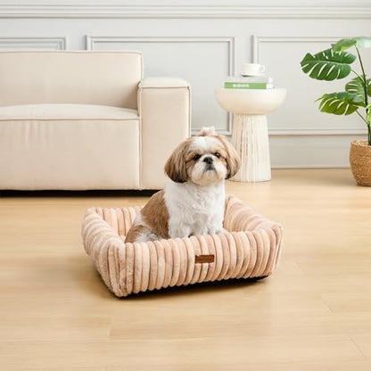 Modern Threads Ribbed Plush Two-Tone Cuddler Dog Bed, Ultra-Soft Faux Rabbit Fur, Supportive Bolstered Sides, Removable Washable Cover, Bed for Small to Medium Dogs, Cream, (24" L x 20" W x 8" Th)
