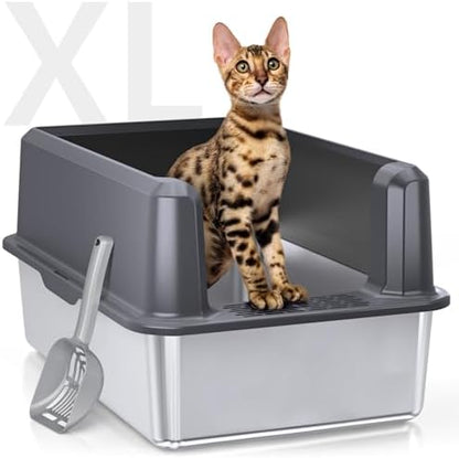 Stainless Steel Cat Litter Box, XL High Sided Open Top Litter Pan, 1 Scoop